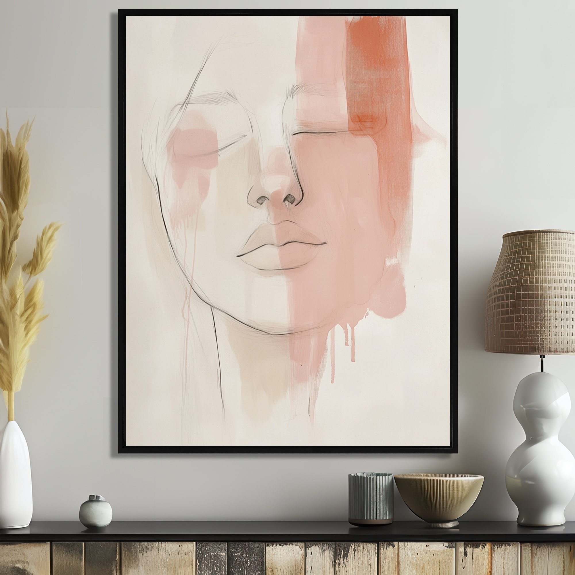 Designart Blush Abstract Woman Portrait - Beige Modern Framed Canvas Wall Art