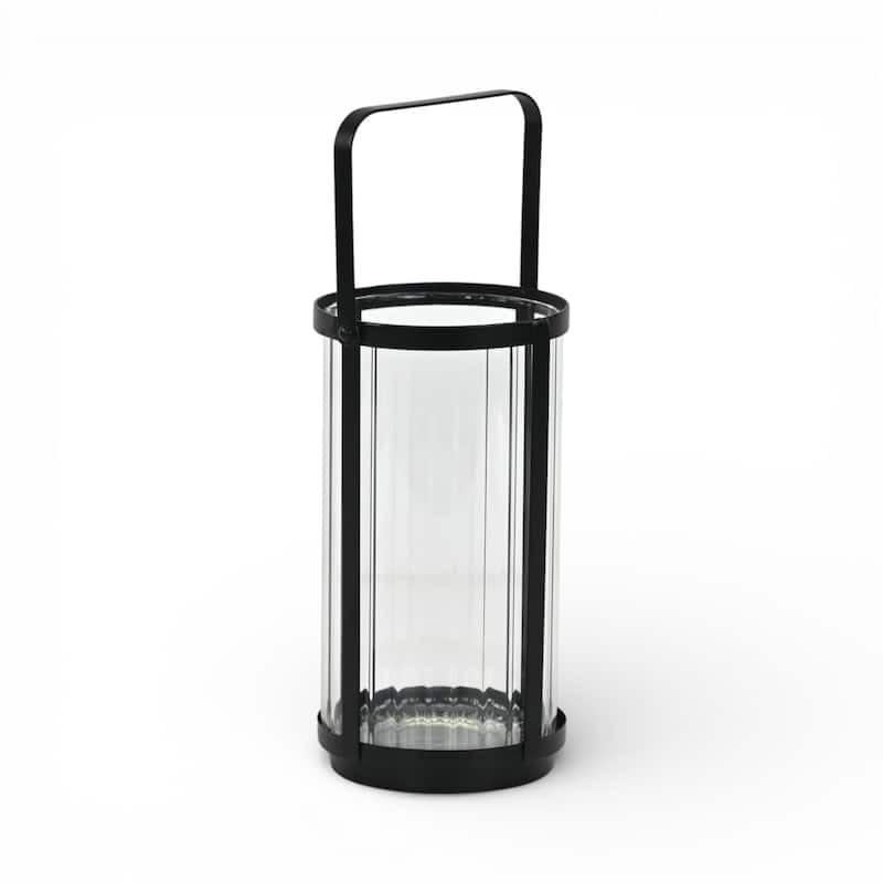 Vortial Fluted Glass Candle Lantern with Black Metal Frame