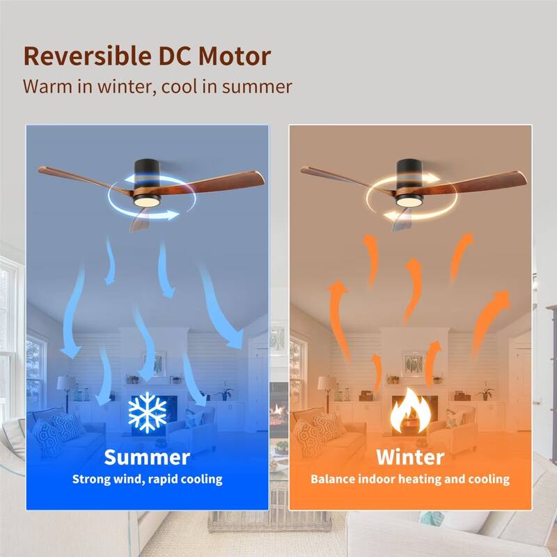 60" LED Flush Mount Ceiling Fan with Wood Blades, 6-Speed DC Remote Control