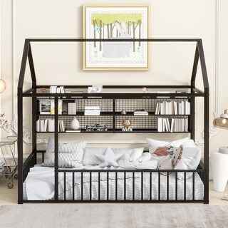 Metal Floor Bed House Bed Frame with Fence and Storage Shelves