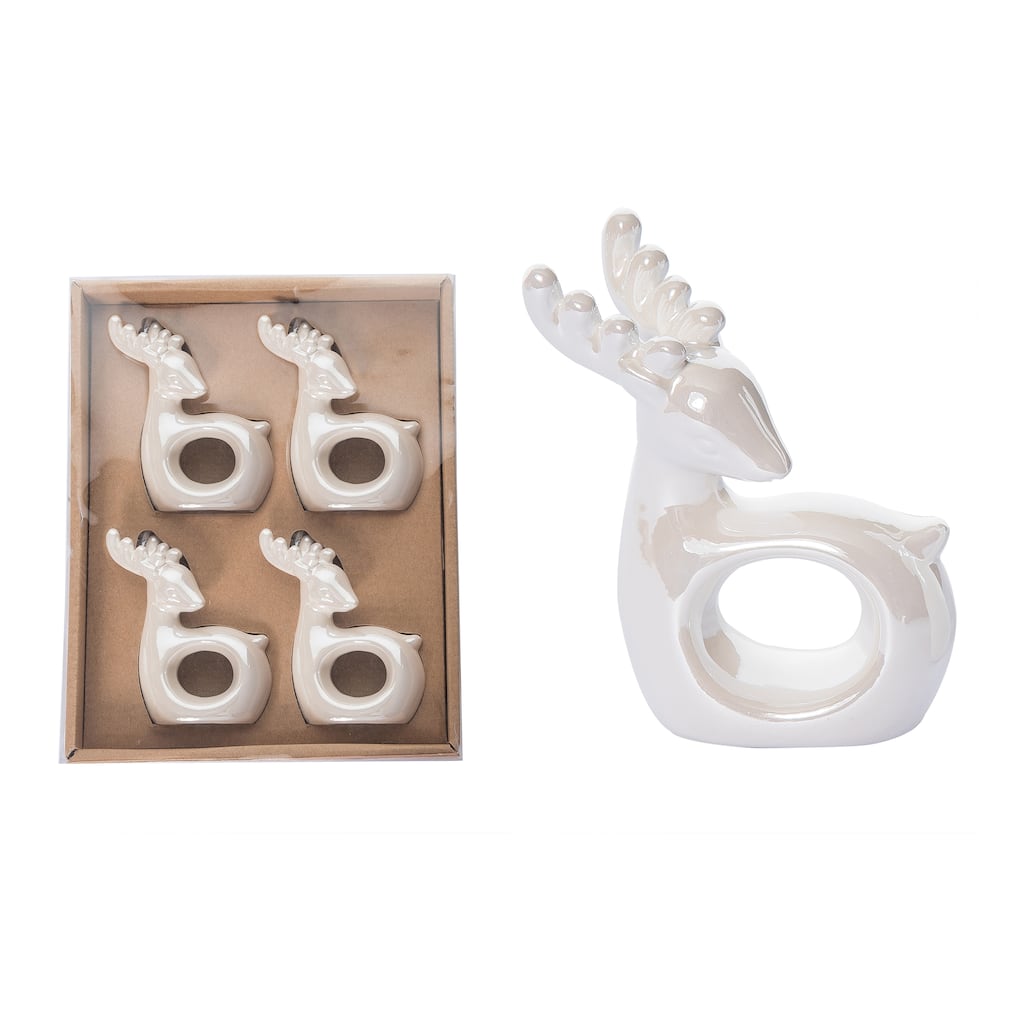 Transpac Dolomite 9.6 in. White Christmas Elegant Reindeer Napkin Ring Set of 4