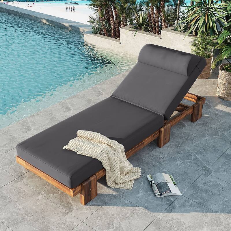 78.8'' Acacia Wood Outdoor Chaise Lounge Adjustable Recliner with Headrest & Retractable Side Tray - N/A