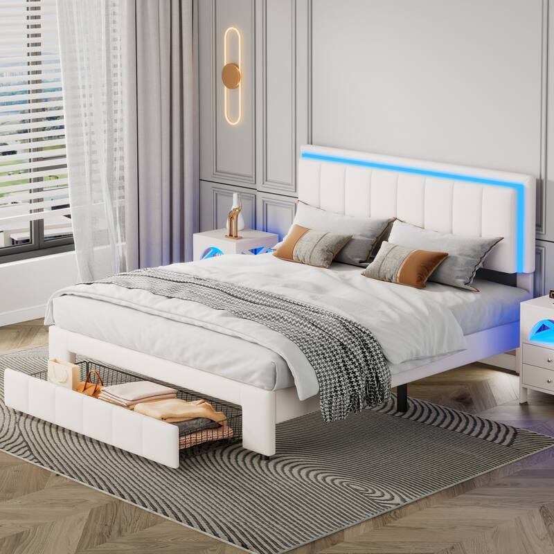 Upholstered Platform Bed with LED Lights and Two Motion Activated Night