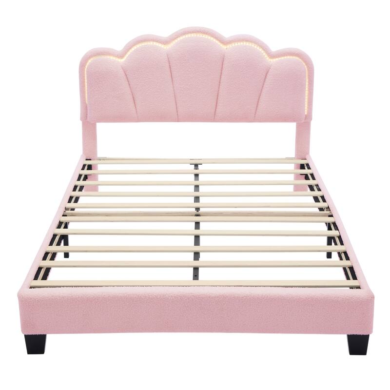 Sherpa Upholstered Flower-Shape Bed, Twin/Full Size, Adjustable LED Light Headboard, Modern Platform Bed with Wooden Slats