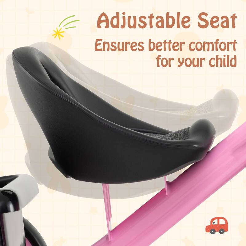 Pink Carbon Steel PP EVA Kids Trike with Adjustable Seat, Storage Basket, 55 lbs Capacity - 27" x 16" x 22"