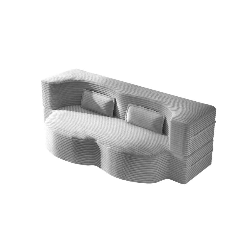 Modern Floor Sofa Bed, Convertible Corduroy Sleeper Couch Folding Loveseat with 2 Pillows