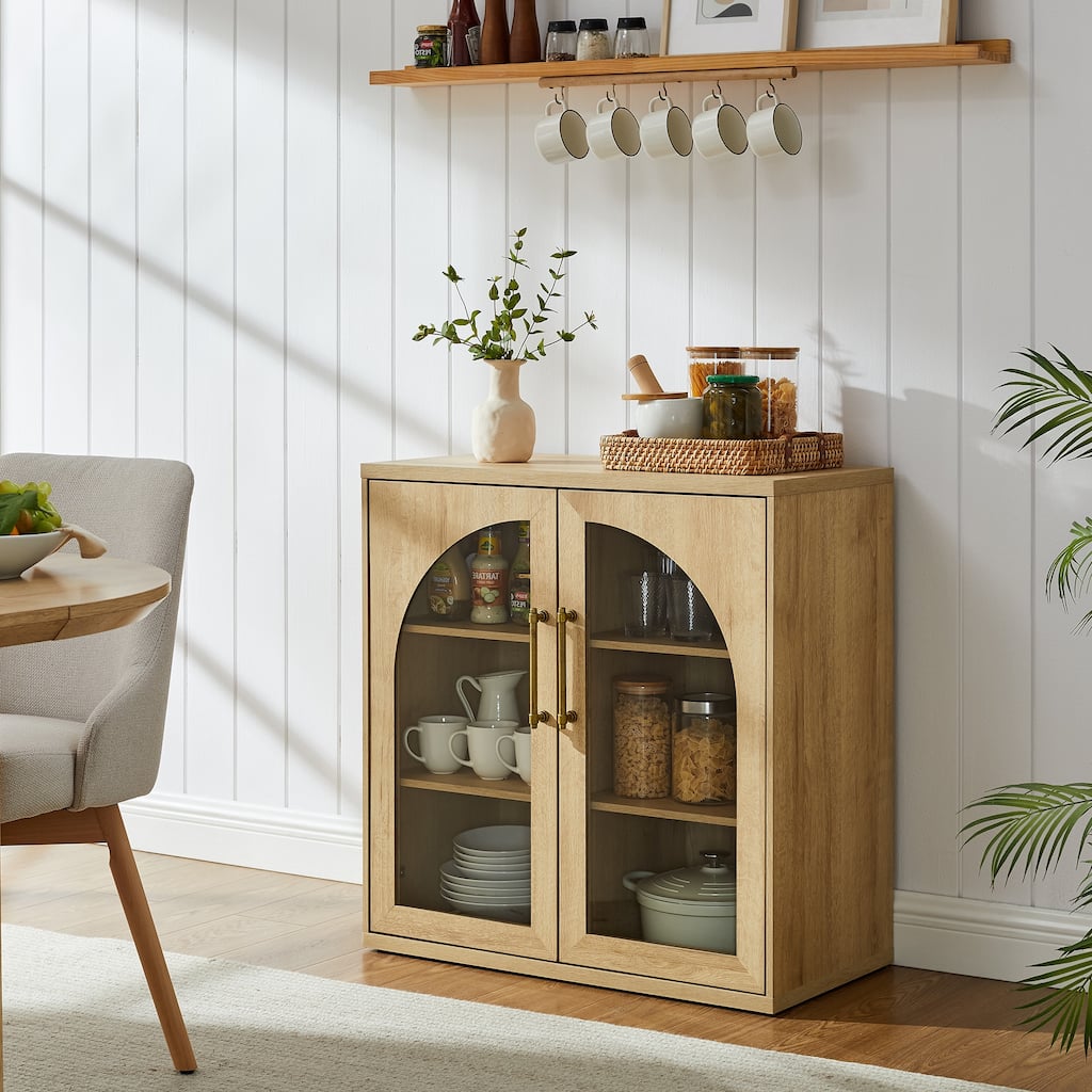 Glass Arched Door Buffet Cabinet, Wood Sideboard with Adjustable Shelf