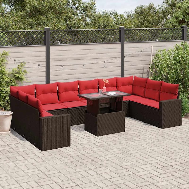 vidaXL 11 Piece Patio Sofa Set with Cushions Black/Brown/Gray Poly Rattan - 24.4 x 24.4 x 27.2