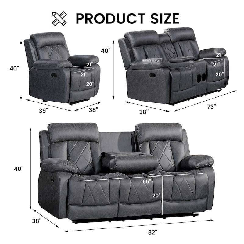 3PC Soft Microfiber Manual Reclining Chair, Bluetooth Speaker, Type-C and USB Charger, Recliner