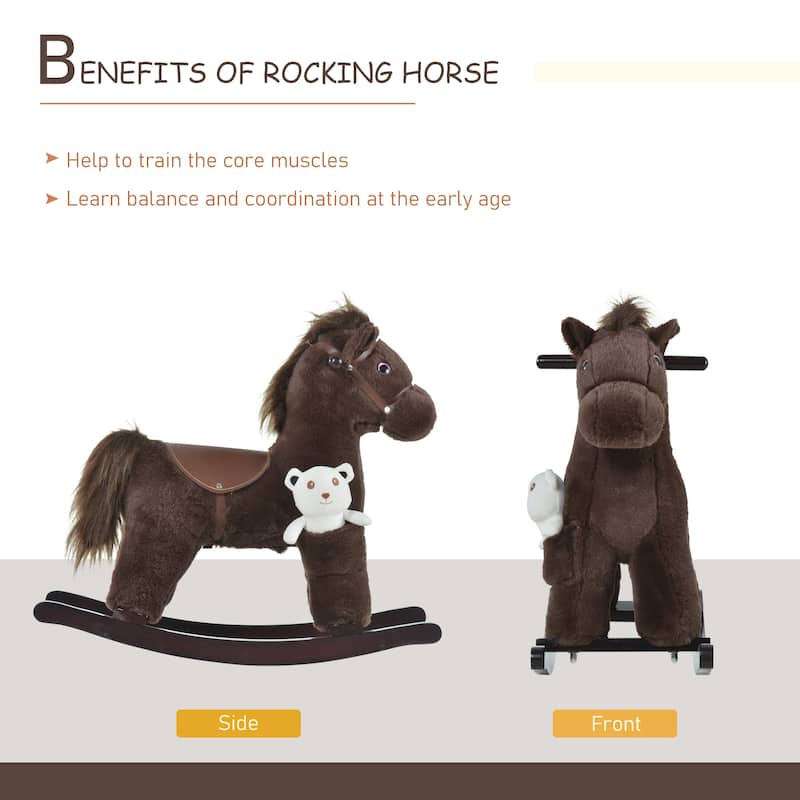 Plush Rocking Horse with Bonus Bear Toy and Sound for Toddlers Wooden Base - 25.5" L x 10.25" W x 21.75" H