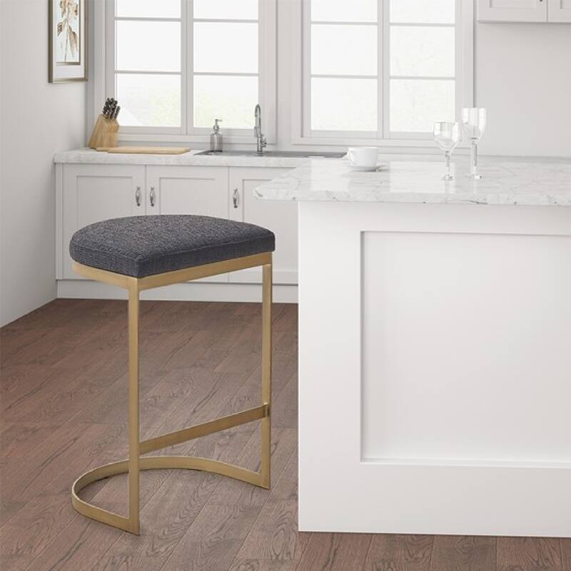 Roomfitters 25-Inch Backless Counter Stool, Upholstered Charcoal Seat with Antique Gold Metal C-Frame