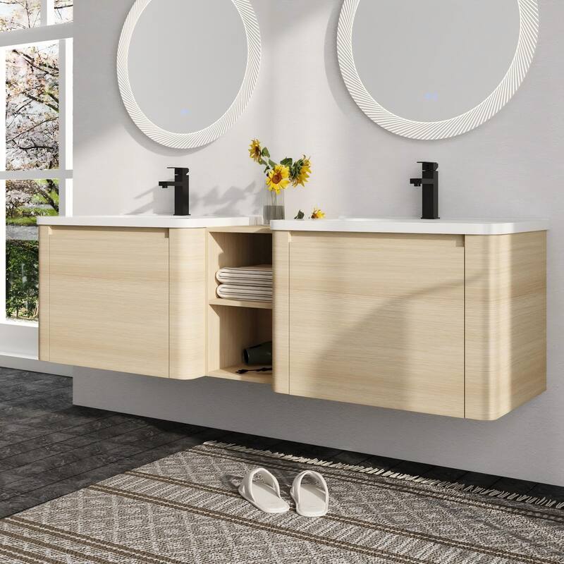 Malwee 28"/40"/52"/68" Floating Bathroom Vanity, Wall Mounted Bathroom Vanity with Ceramic Sink,Soft Close Door and Shelf - 67.7"×18.7"×19.9"