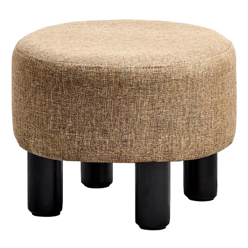 Modern Small Round Linen Ottoman Footstool with Wooden Legs for Bedroom or Living Room - Brown