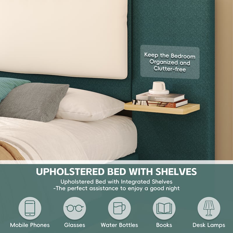 Upholstered Platform Bed Frame with Side Storage Panels, Soft Rounded Corners, Cushioned Headboard & No Box Spring Needed