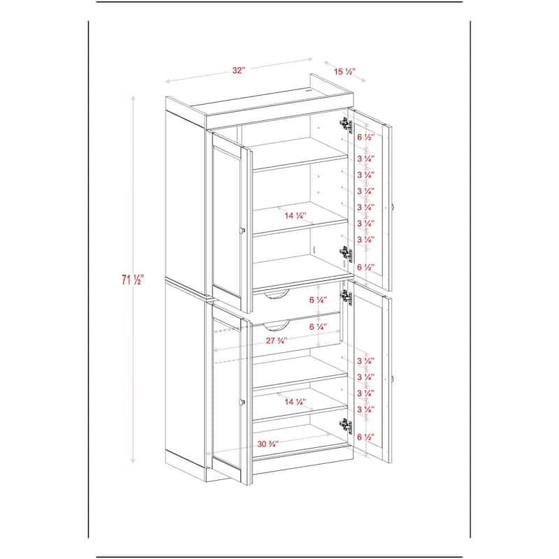 Solid Wood Tall Freestanding Kitchen Pantry Cabinet with Doors & 2 Drawers, Adjustable Shelves, Modular Storage, 32" W x 71.5" H