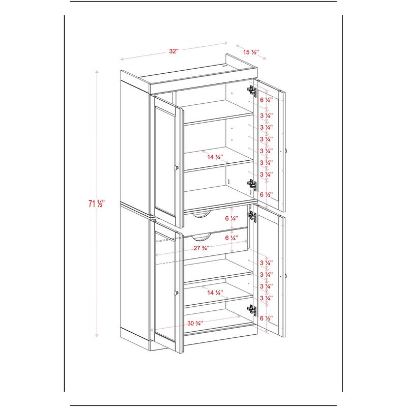 Solid Wood Tall Freestanding Kitchen Pantry Cabinet with Doors & 2 Drawers, Adjustable Shelves, Modular Storage, 32" W x 71.5" H