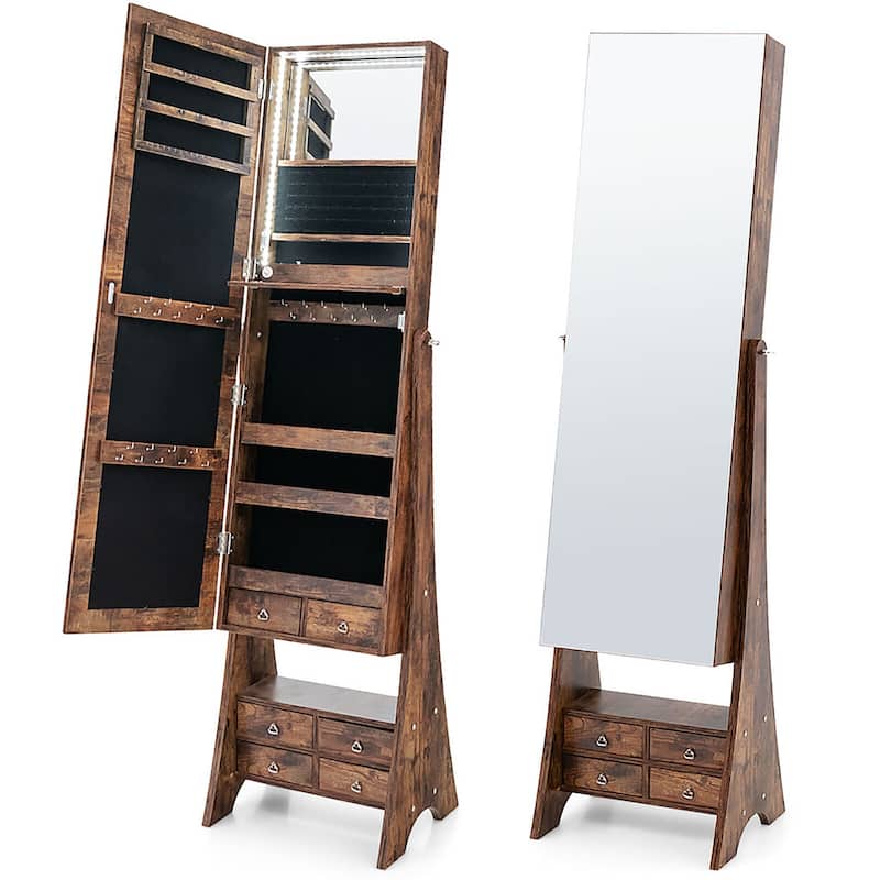 Gymax Jewelry Cabinet Armoire Full Length LED Mirror W/ Makeup Shelf &