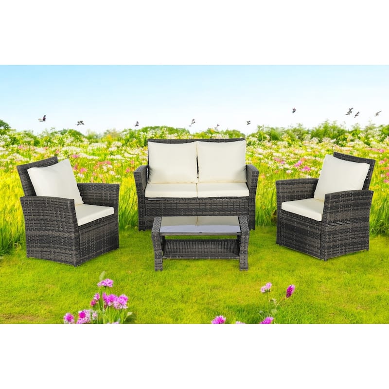 4-Piece Outdoor Patio Furniture Set, Garden Wicker Sofa with Poolside Lawn Chairs, Red Cushions, All-Weather Modular Design