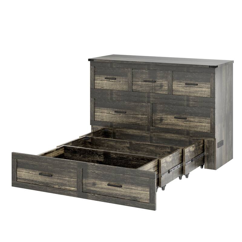 Queen/Full Size Murphy Cabinet Bed - Foldable Platform Bed with Charging Station & Large Storage Drawer