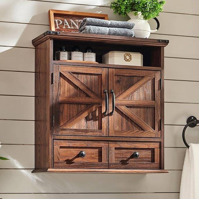 24" Farmhouse Wide Bathroom Wall Cabinet, Medicine Cabinet - Brown