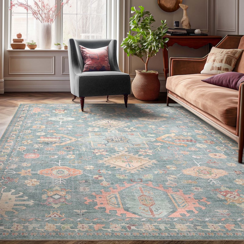 Well Woven Apollo Serapi Delhi Floral Medallion Low Pile Easy Care Rug - 9'10" x 13' - Blue