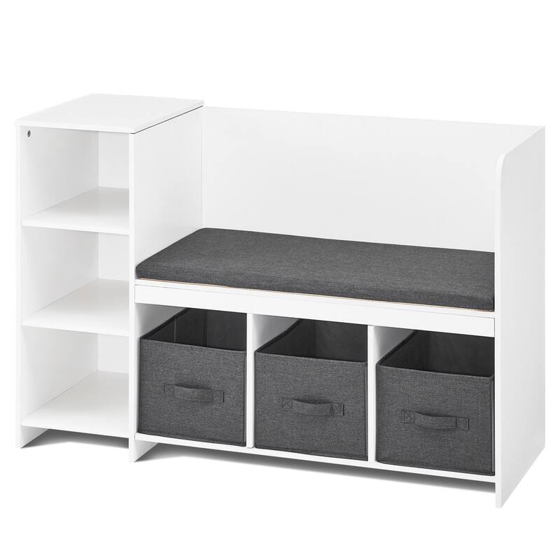 White 6 Cubby Storage Organizer Kids Reading Nook Bench with Detachable Seat Cushion and 3 Drawers - 43.11” x 15.87” x 29.92”