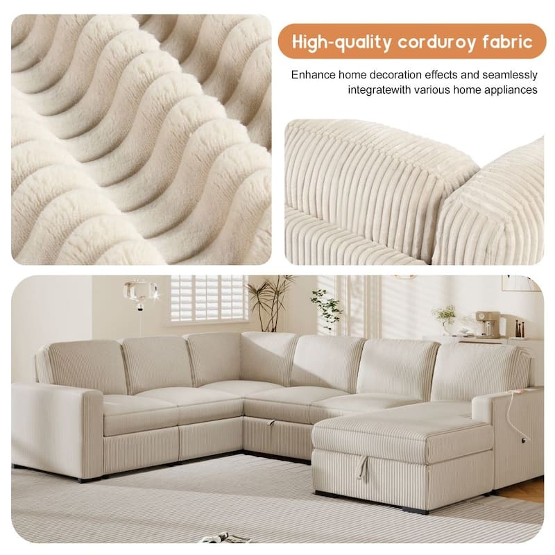 U-shaped Corduroy Combination Corner Sofa with Storage Lounge Chair