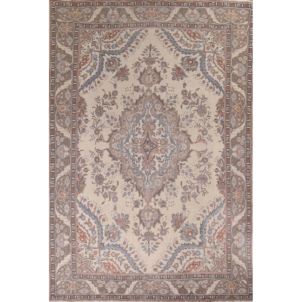Beige Tabriz Vintage Persian Area Rug Handmade Wool Carpet - 9'6" x 12'7"
