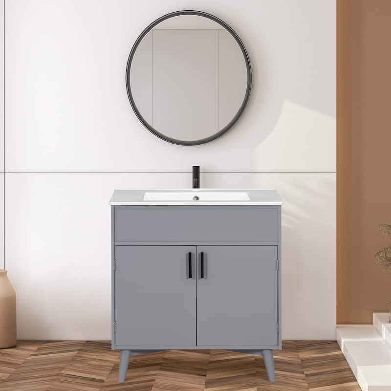 30" Wall-Mounted Bathroom Vanity with Double Door Storage, Solid Wood Frame, Space-Saving Design, Anti-Scratch Floor Mat