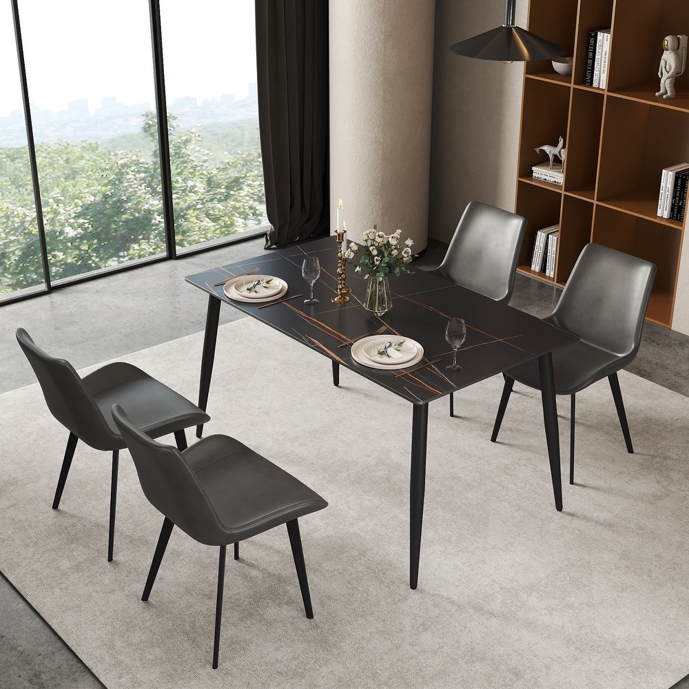 Modern White Marble Dining Table, 55" Rectangular Sintered Stone Kitchen Table for 4 People with Black Metal Legs