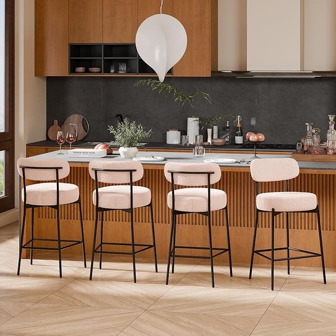 XINMICS 24 Inches Modern Counter Height Bar Stools with Curved Back Metal Legs, Upholstered Boucle Barstools, Set of 2/3/4 - Set of 4 - Beige - Counter Height