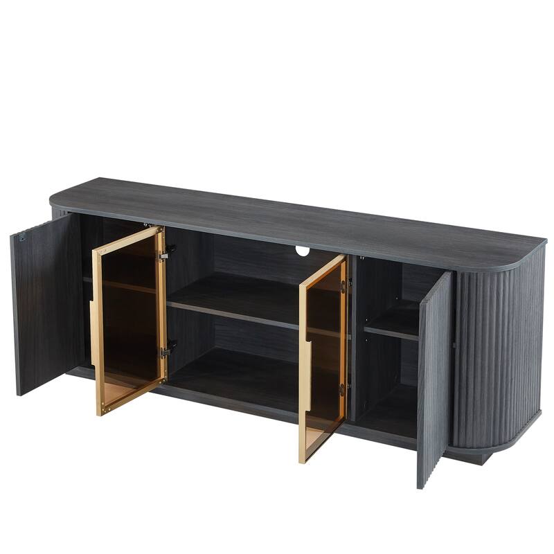 64-Inch Wavy 4-Door TV Cabinet, Modern Wooden Vertical Stripe Storage Cabinet with Aluminum Frame & 2 Tempered Glass Door, Black