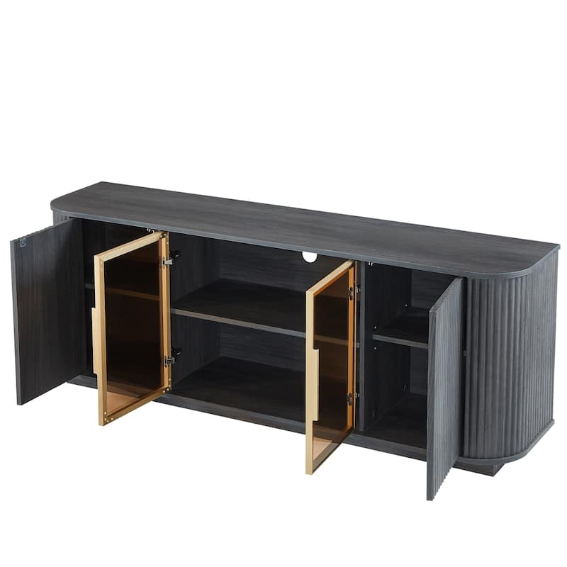 64-Inch Wavy TV Cabinet, Round Sideboard, Wooden Vertical Stripe Storage Cabinet, Aluminum Door Framed Tempered Glass Cabinet