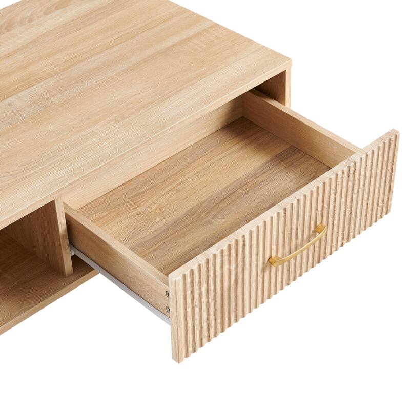 Rectangle Coffee Table with Solid Wood Legs, Sliding Drawer for Storage, Modern Table