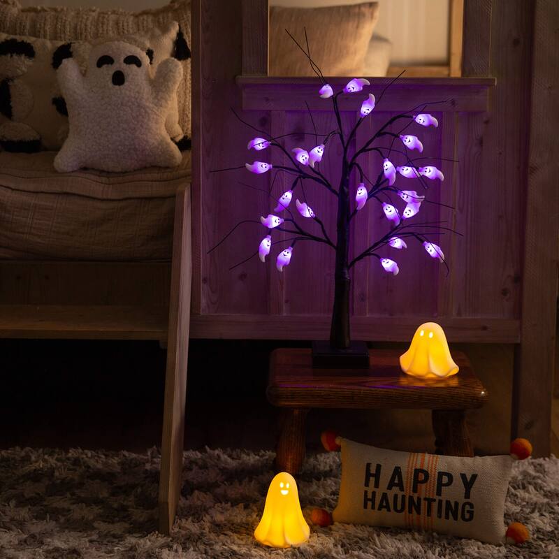 2-ft Pre-Lit Artificial Halloween Ghost Twig Tree with 24 Lights - Black