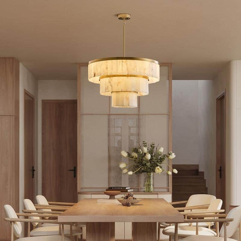 Elegant layered alabaster chandelier with natural stone panels
