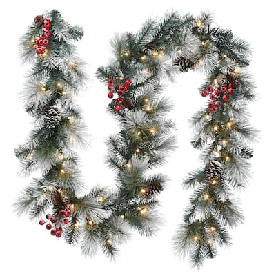 9 ft. Snowy Pine Garland with Clear Lights and Flocking - Green