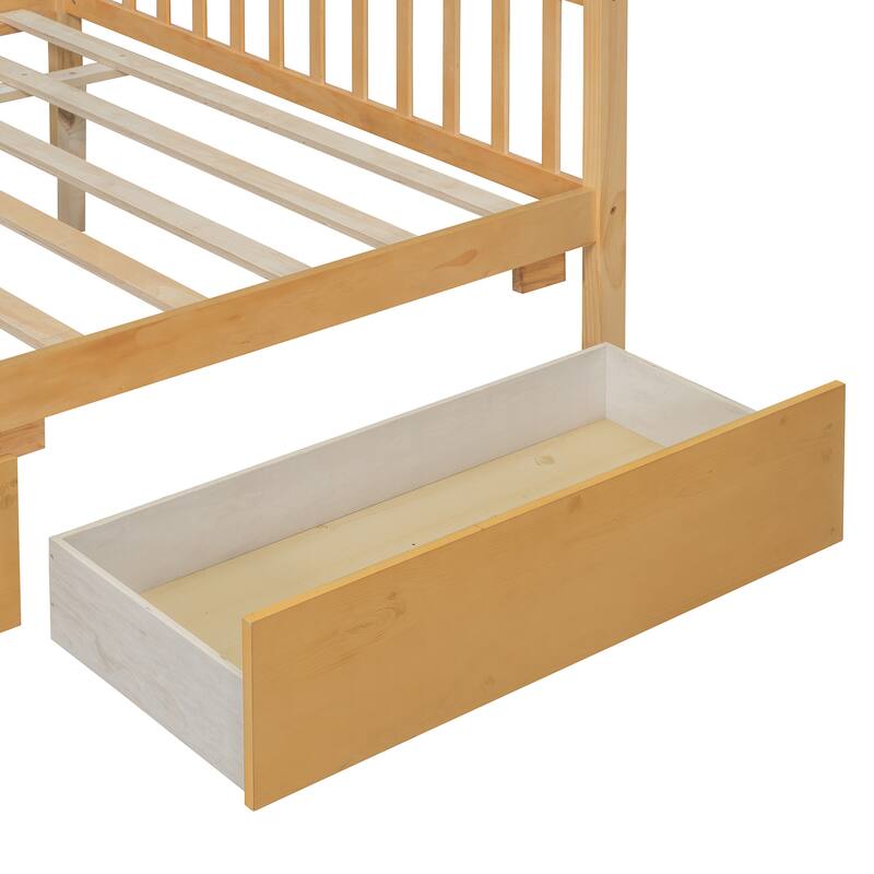 Full Size Wooden House Bed with Drawers, Natural Finish, Sturdy Pinewood Construction