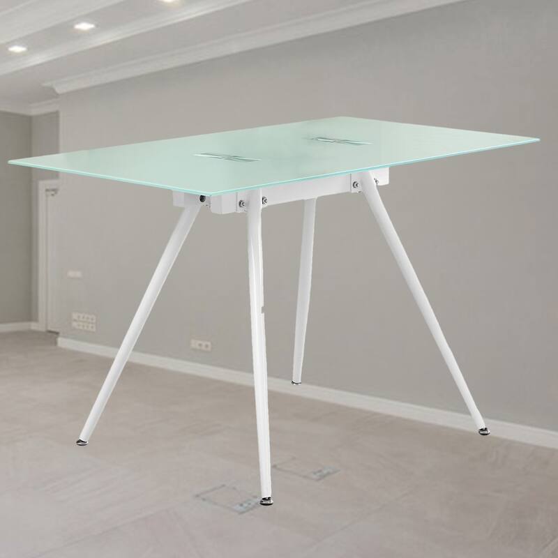 Contemporary Frosted Glass Computer Desk with Sturdy White Metal Base, Ideal for Small Homes and Offices