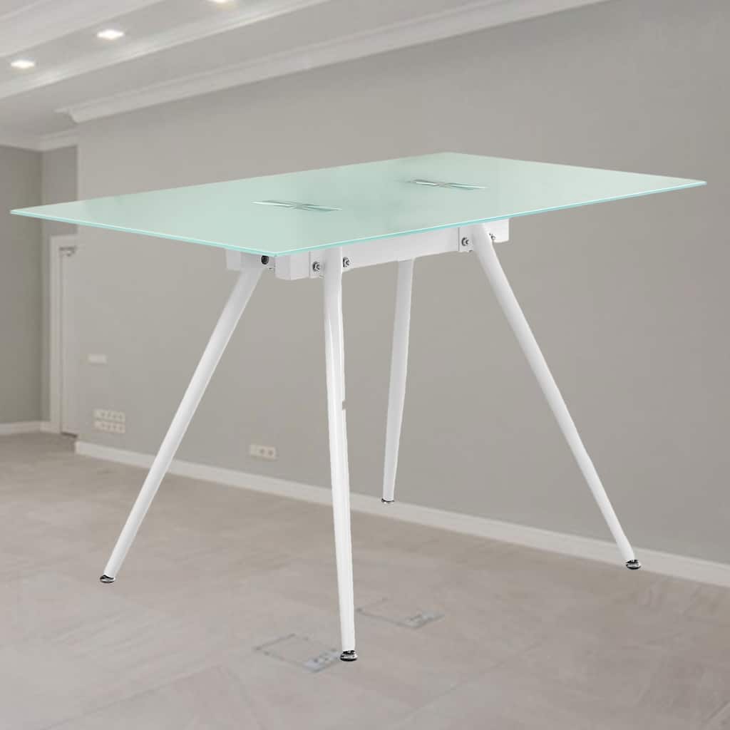 Contemporary Frosted Glass Computer Desk with Sturdy White Metal Base, Ideal for Small Homes and Offices