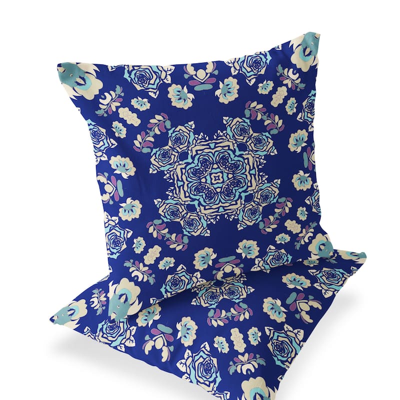 HomeRoots Set of Two 16" X 16" Blue and White Blown Seam Floral Indoor Outdoor Throw Pillow - 16.00' X '16.00' X '5.00