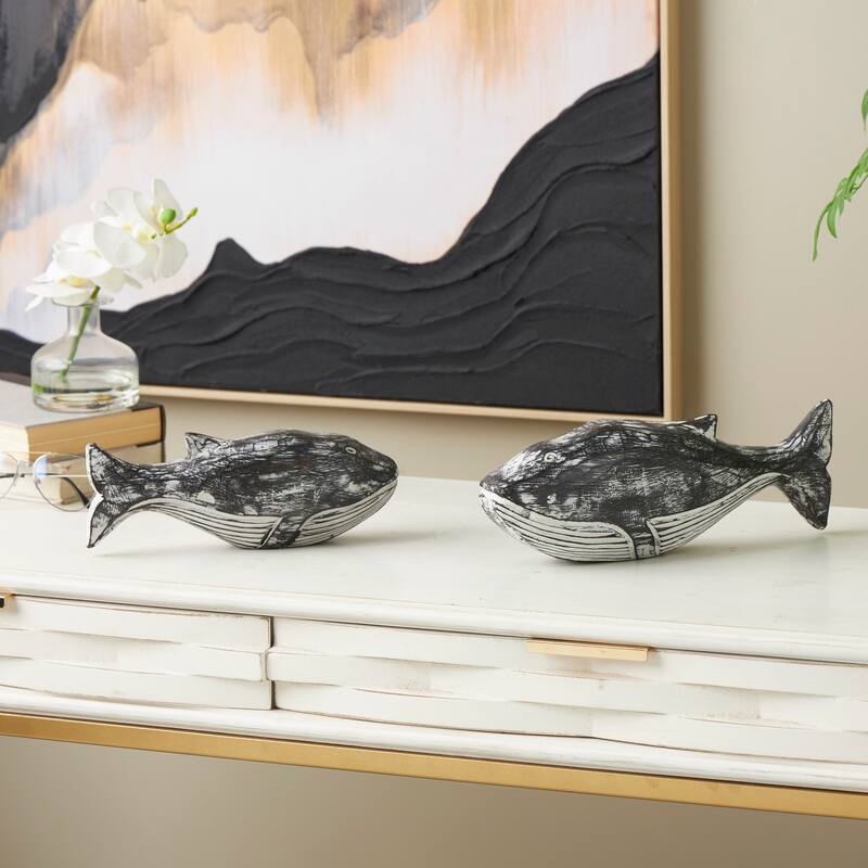 Cream Wood Distressed Whale Decorative Sculpture (Set of 2) - Cream