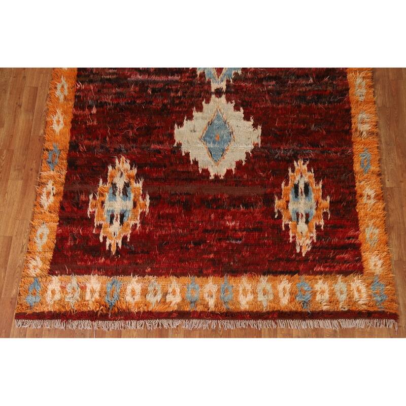 Hand Knotted Oriental 100% Wool Carpet Modern Tribal Red Moroccan Area Rug - 9' 9'' X 6' 8''