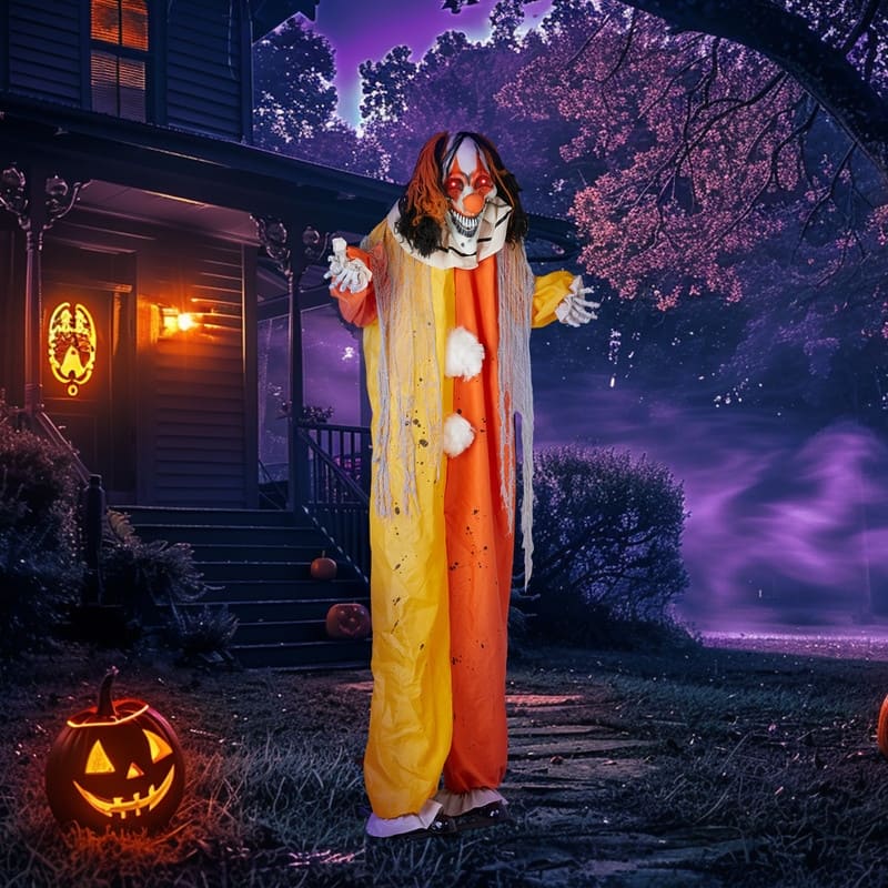 8.2Ft Super Tall Talking Halloween Animatronic Clown Ghost Outdoor Standing Decorations - Black