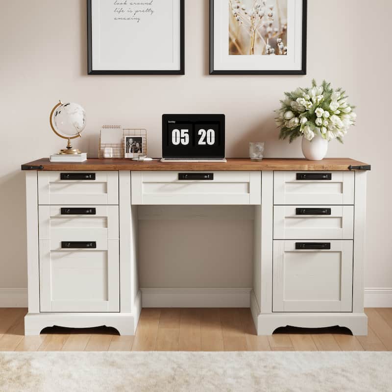Farmhouse Executive Desks, Wood Computer Writing Desk for home office - Antique White