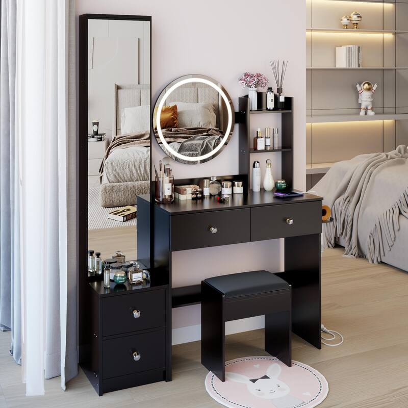 Full Body Mirror Cabinet +Round Mirror LED Vanity Table +Cushioned Stool,With 2 AC + 2 USB Power Station,17"Diameter LED Mirror