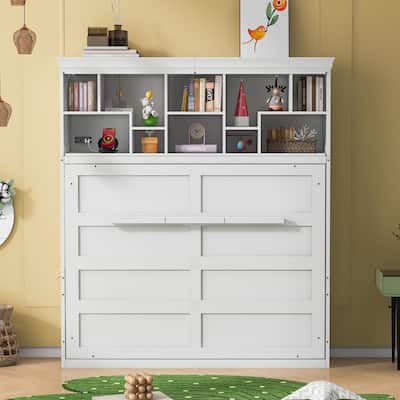 White Queen Murphy Bed with Shelves, USB Ports, and No Box Spring Needed