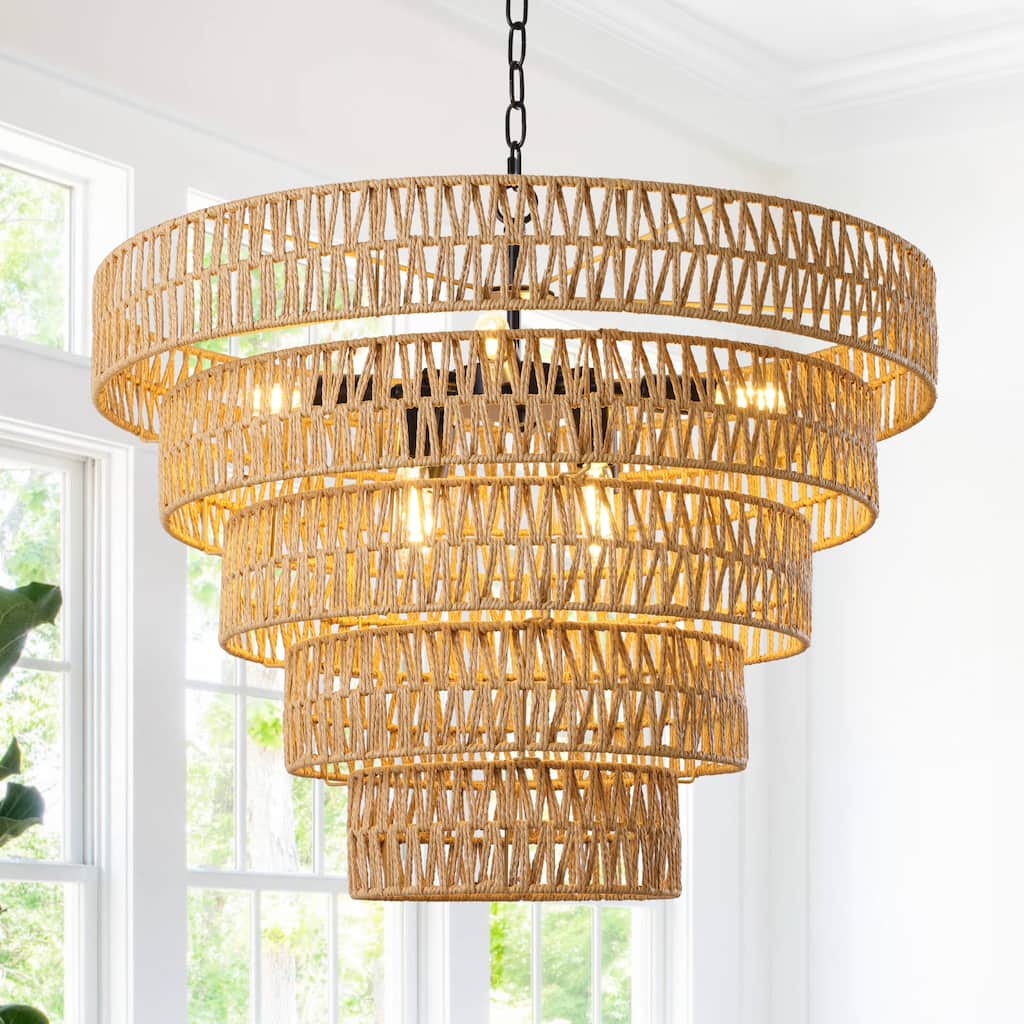 8-Light Dimmable Hand-Woven Rattan Tiered Chandelier