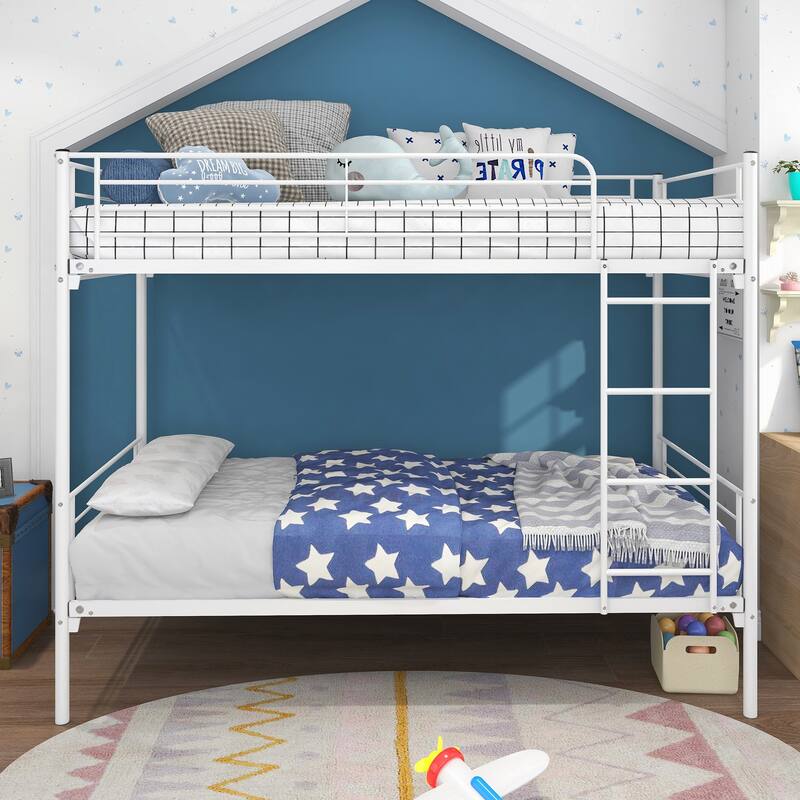 Space-Saving Twin-Over-Twin Metal Bunk Bed with Ladder and Storage, White - White