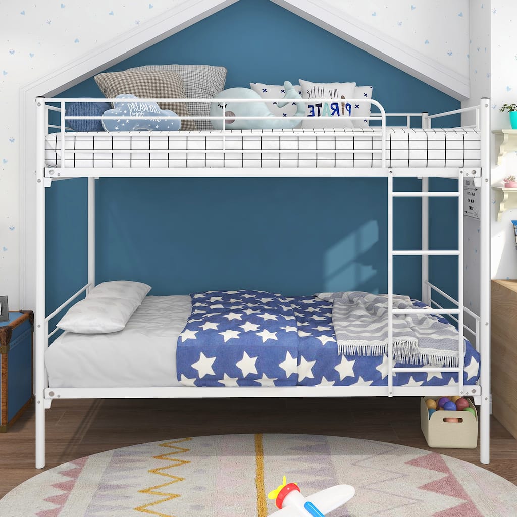 Space-Saving Twin-Over-Twin Metal Bunk Bed with Ladder and Storage, White